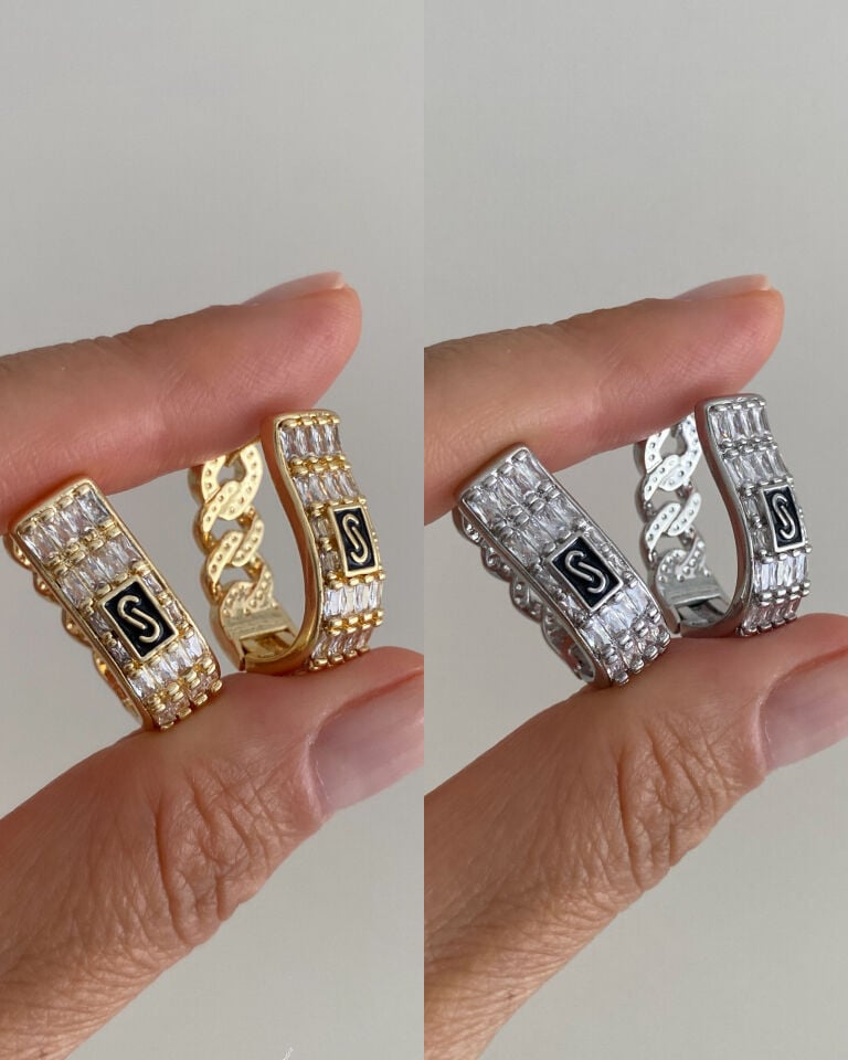 Baget Kesim Taşlı S Model Halka Küpe