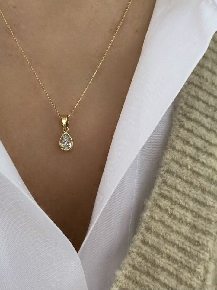 ''Özel Seri'' Minimal Gold Çerçeveli Damla Model Tektaş Kolye