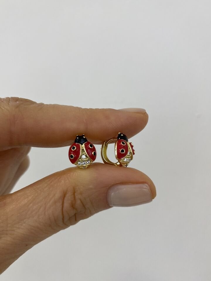 ''Özel Seri'' Çocuk Taşlı Uğurböceği Halka Küpe (7mm iç çap)