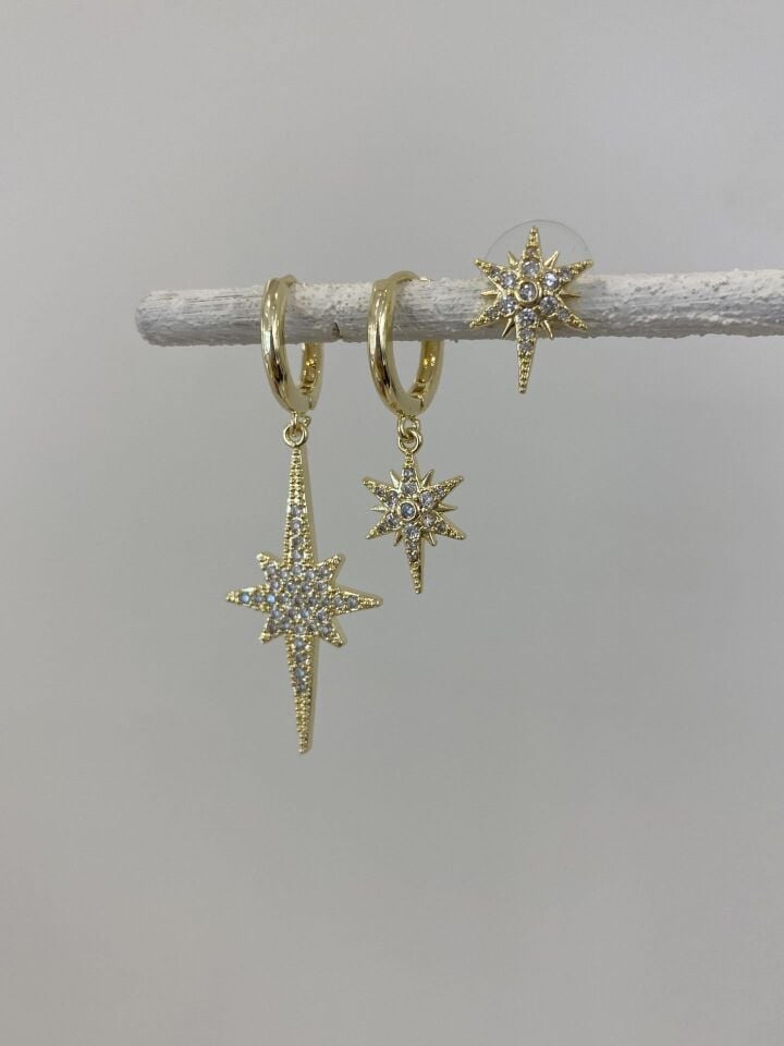 Üçlü Uzun Kutup Yıldız Detay Set Küpe