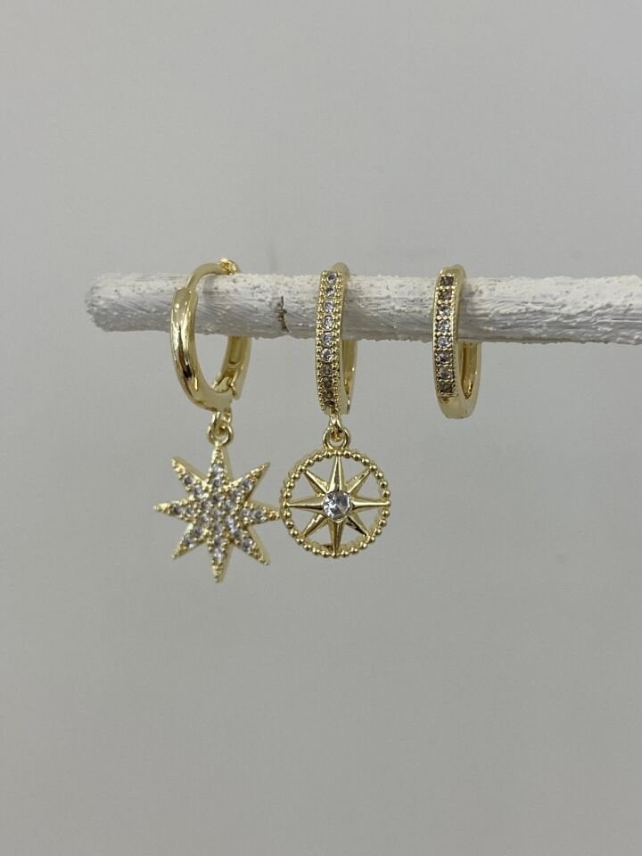 Üçlü Kutup Yıldız Detay Set Küpe