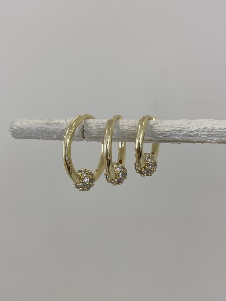Altın Kaplama Üçlü Zirkon Küre Detaylı Halka Set Küpe