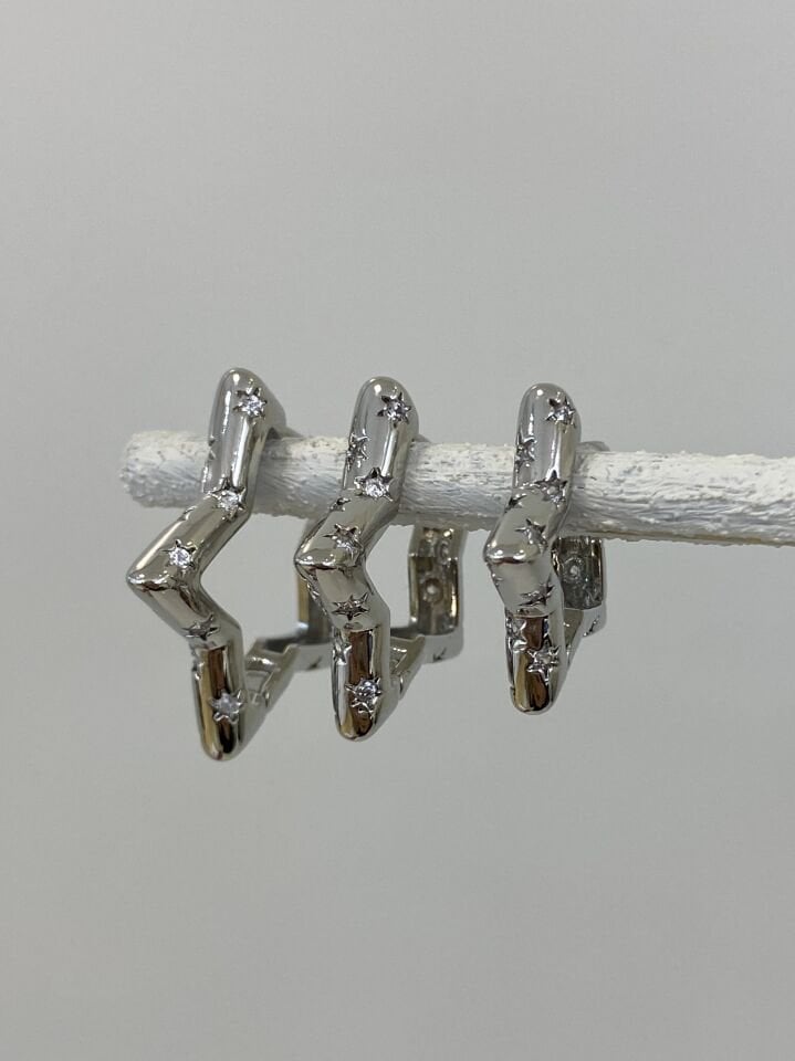 Üçlü Gömme Taşlı Yıldız Detaylı Star Set Küpe (Silver)