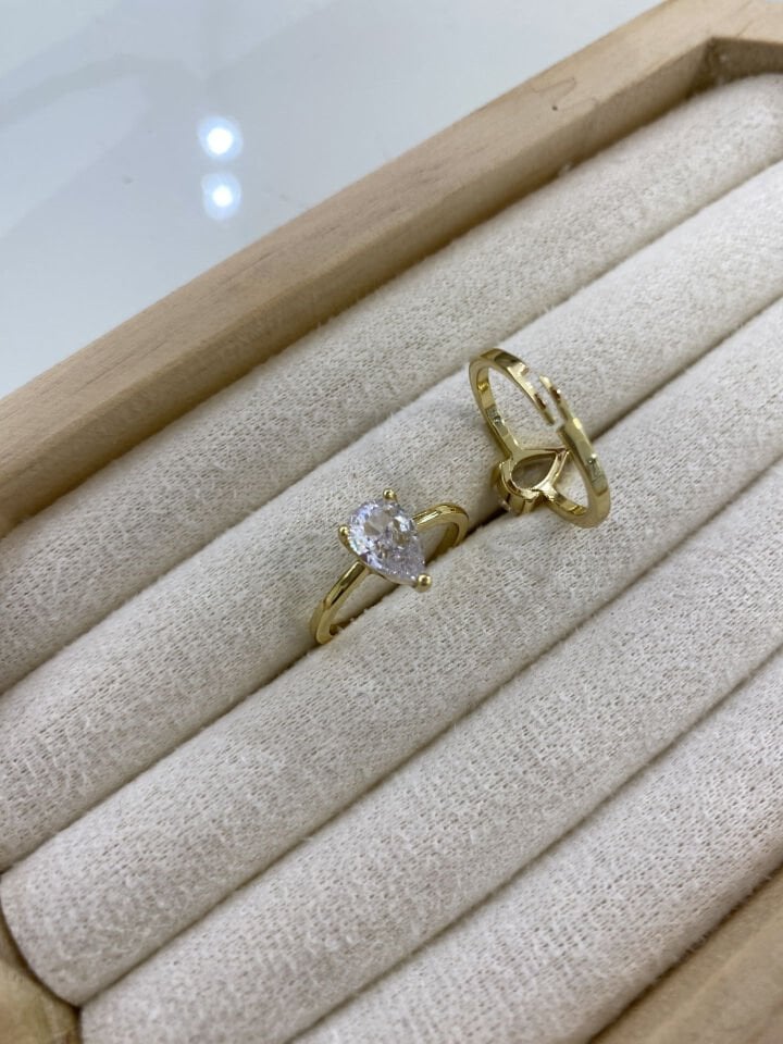 Altın Kaplama ''Hailey'' Damla Kesim Mozanit Yüzük (Gold)