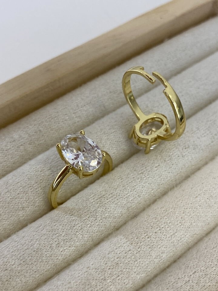 Altın Kaplama ''Hailey'' Oval Kesim Mozanit Yüzük (Gold)