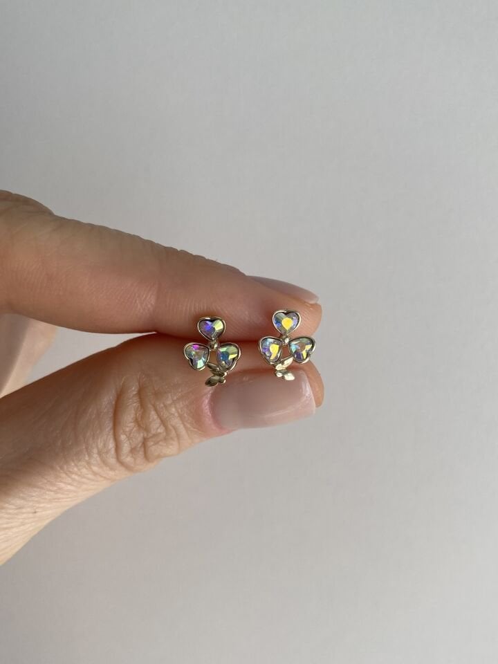 Özel Seri Swarovski Taşlı Yonca Model Minimal Küpe