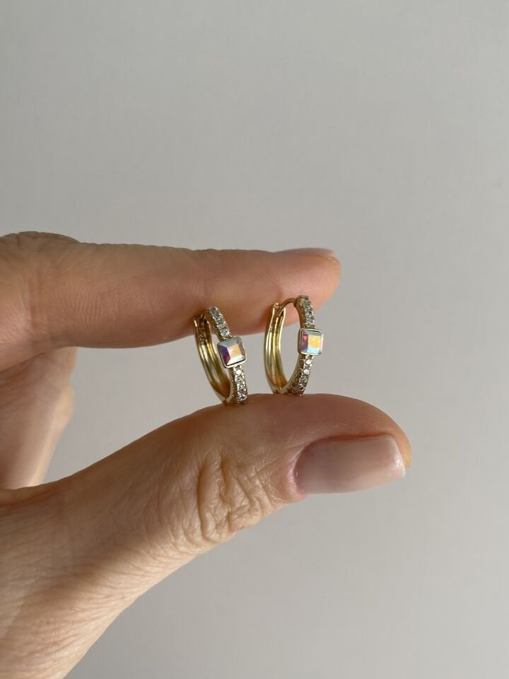 ''Özel Seri'' Kare Swarovski Taşlı Halka Küpe (1,1cm iç çap)