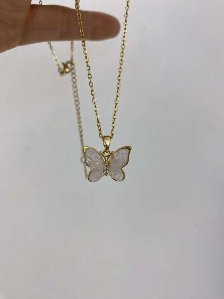 Pembe Taş Kelebek Kolye