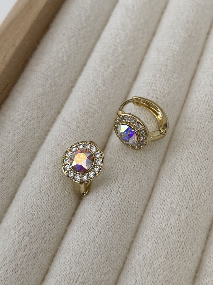 ''Özel Seri'' Yuvarlak Swarovski Taşlı Gömme Zirkon Detaylı Halka Küpe (1,1cm iç çap)