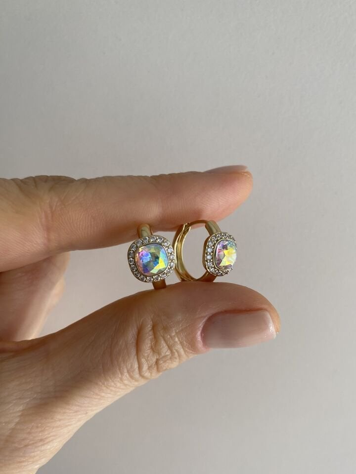 Özel Seri Yuvarlak Swarovski Taşlı Gömme Zirkon Detaylı Halka Küpe (İç çapı: 1,1cm)