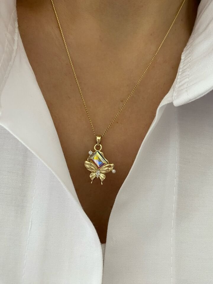 Özel Seri Swarovski Taşlı İnci Detaylı Kelebek Kolye(45cm)