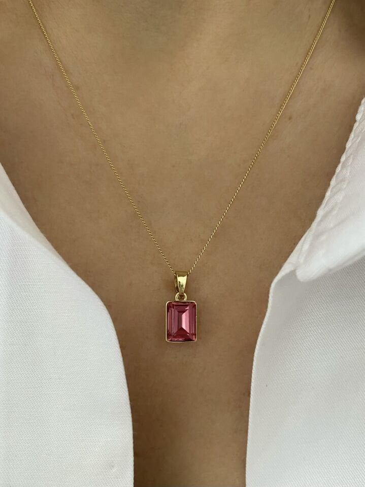 ''Özel Seri'' Dikdörtgen Fuşya Swarovski Taşlı Kolye (45cm)