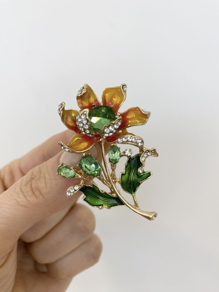 Kristal Taşlı Günebakan Çiçek Broş