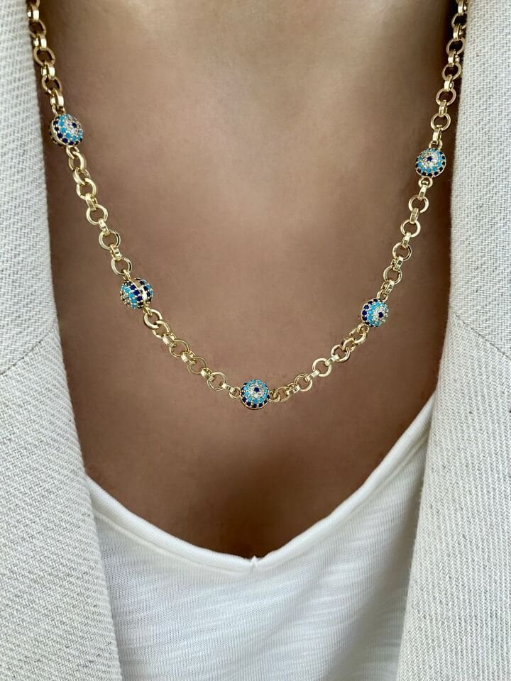 Beşli Küre Nazar Boncuklu Kolye (45cm+5cm ek)