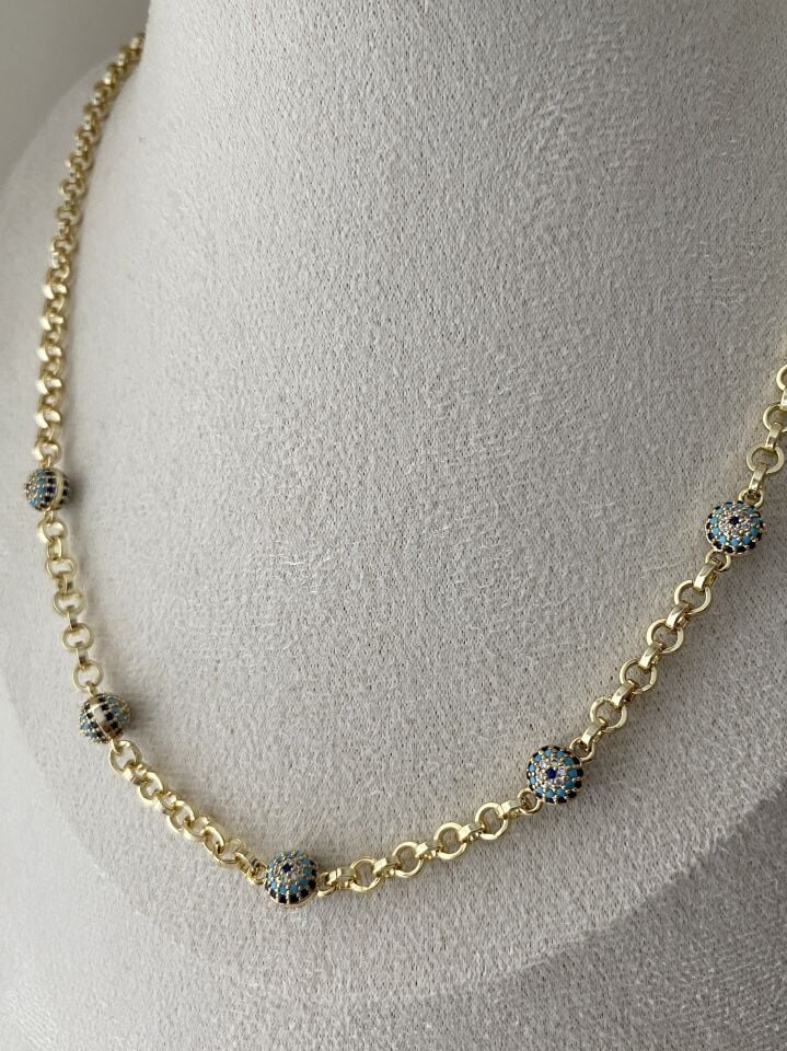 Beşli Küre Nazar Boncuklu Kolye (45cm+5cm ek)