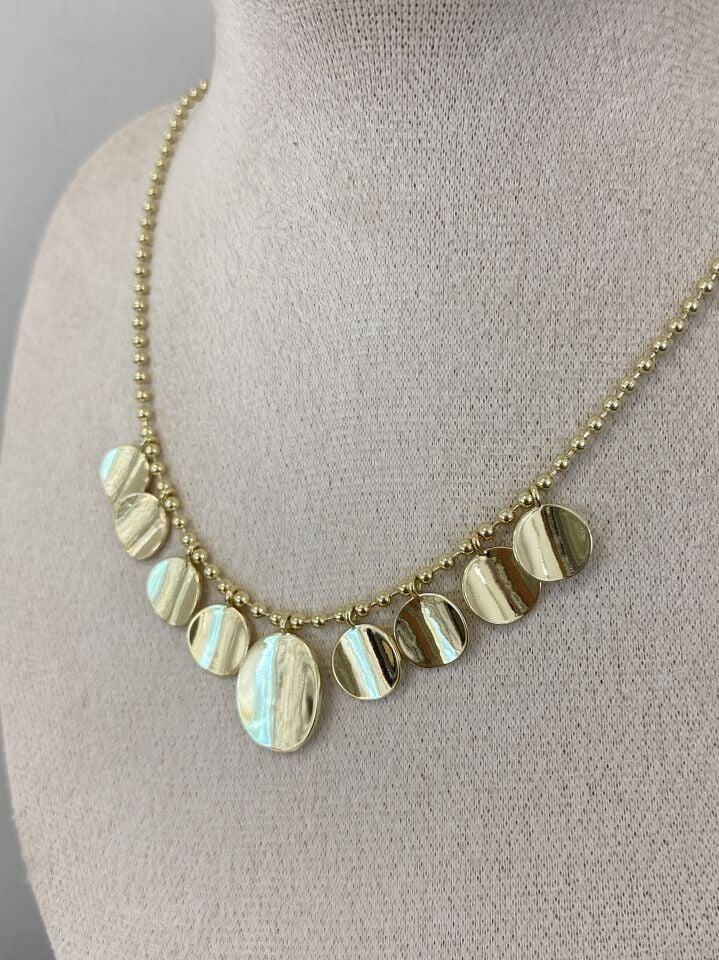 Topçuk Zincirli Detaylı Çift Yönlü Oval Pul Kolye(40cm+5cm ek)