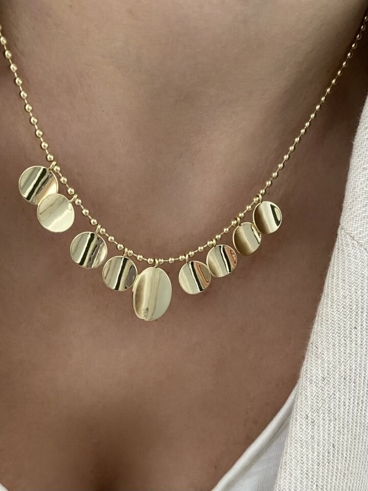 Topçuk Zincirli Detaylı Çift Yönlü Oval Pul Kolye(40cm+5cm ek)