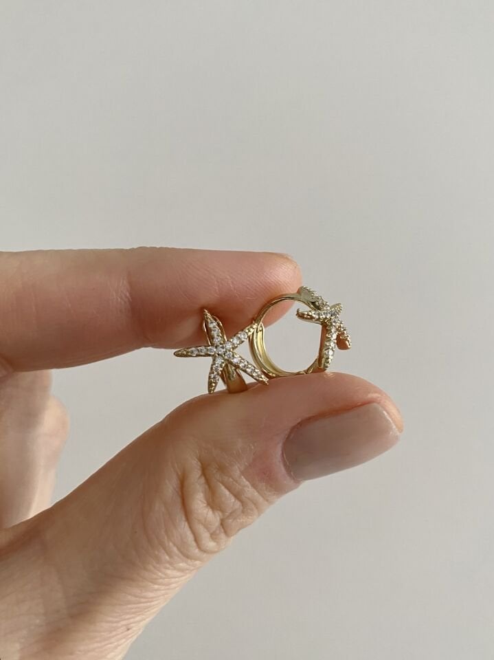 ''Özel Seri'' Minimal Gömme Taşlı Deniz Yıldızı Halka Küpe (1cm iç çap)