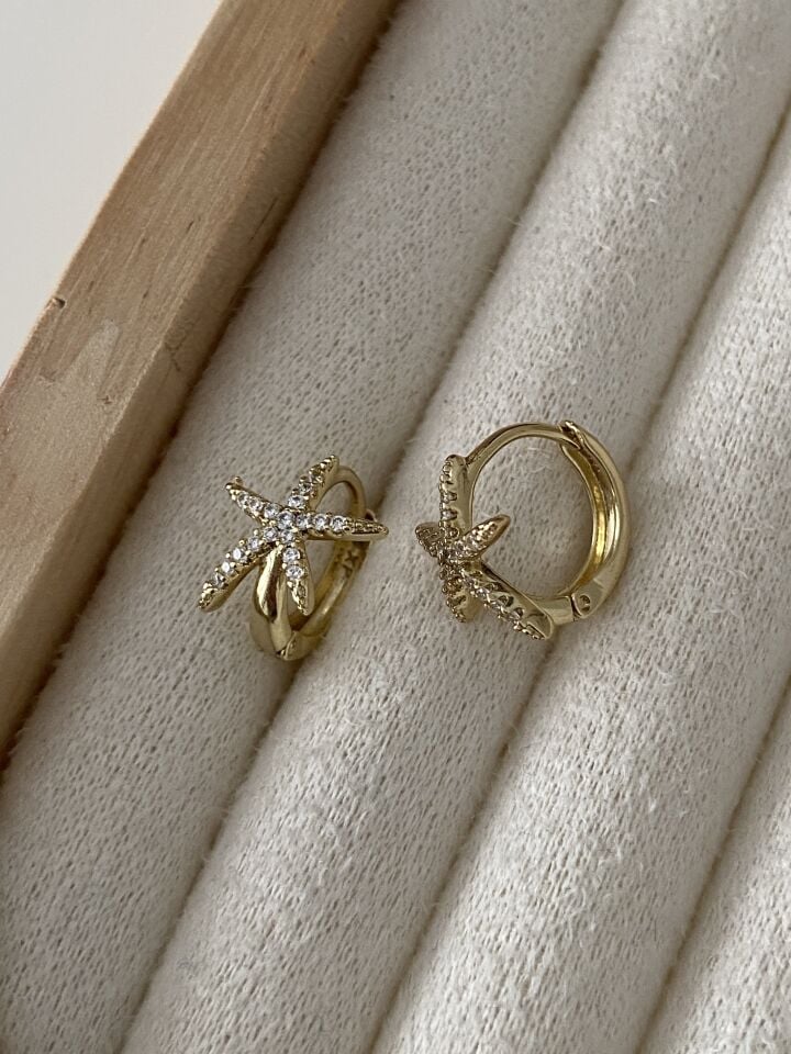 ''Özel Seri'' Minimal Gömme Taşlı Deniz Yıldızı Halka Küpe (1cm iç çap)