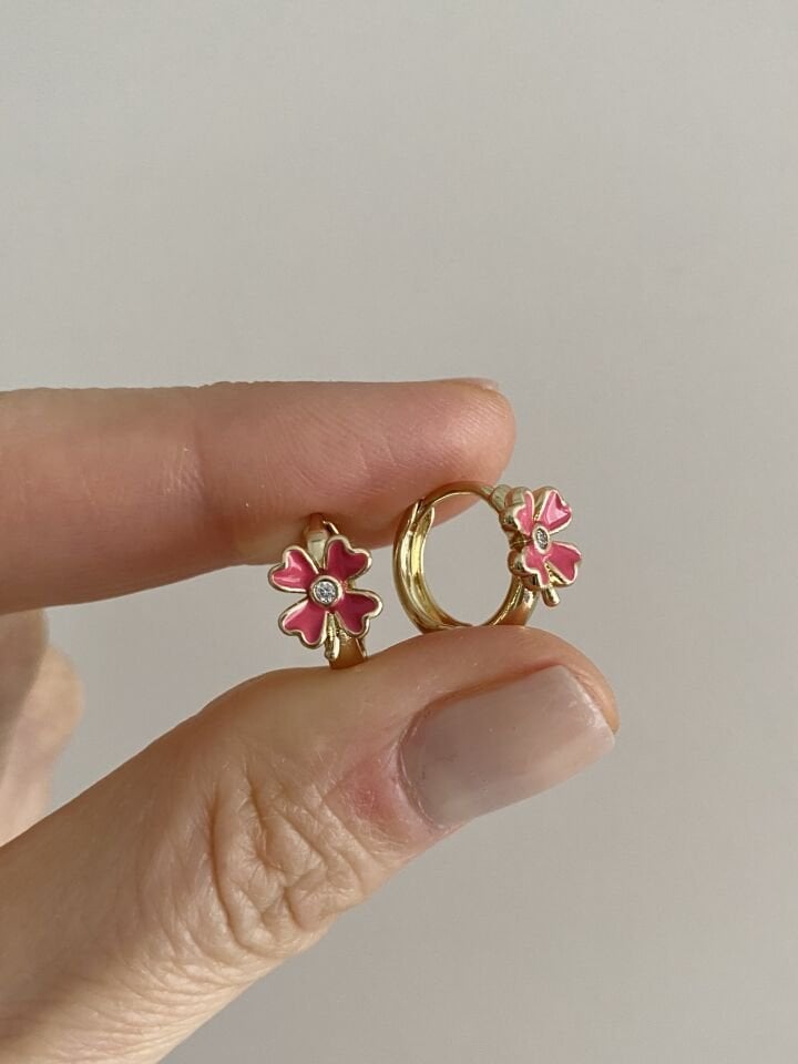 ''Özel Seri'' Çocuk Taşlı Pembe Çiçek Halka Küpe (1cm iç çap)