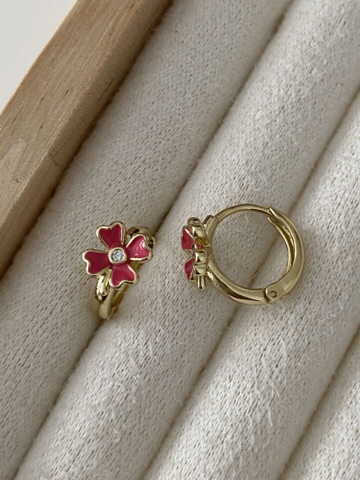 ''Özel Seri'' Çocuk Taşlı Pembe Çiçek Halka Küpe (1cm iç çap)