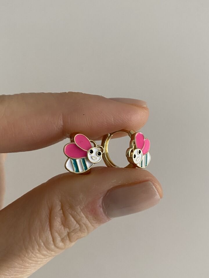 ''Özel Seri'' Çocuk Pembe Kanatlı Arı Halka Küpe (1cm iç çap)