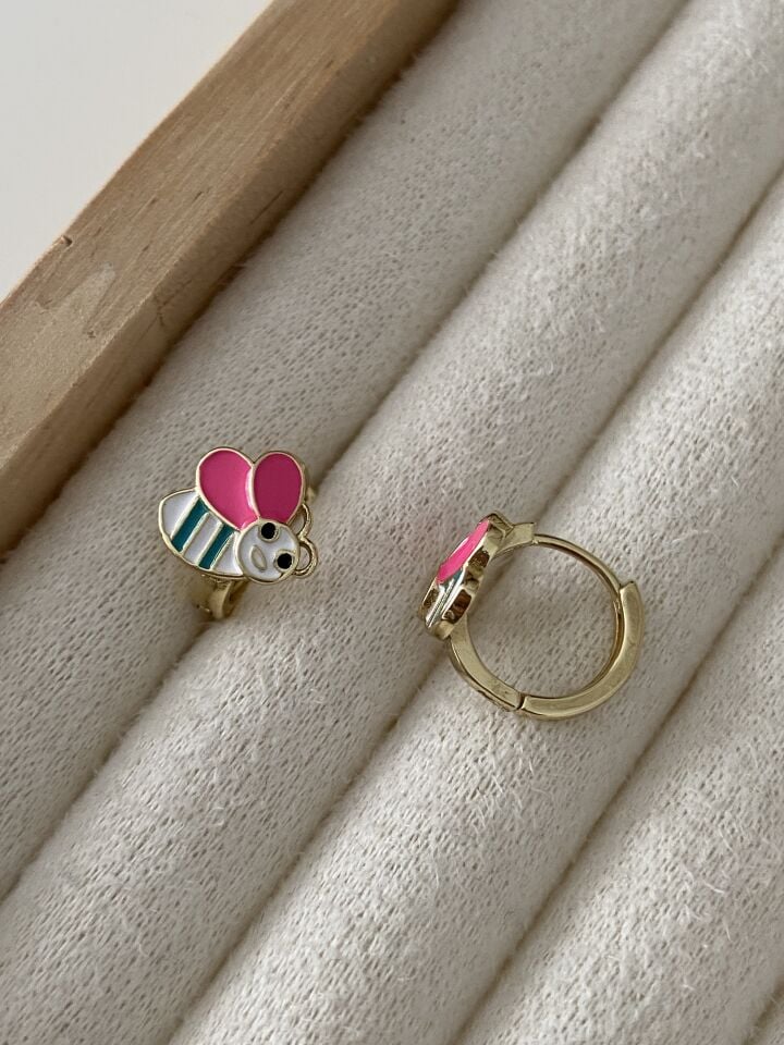 ''Özel Seri'' Çocuk Pembe Kanatlı Arı Halka Küpe (1cm iç çap)