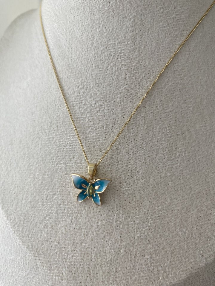 ''Özel Seri'' Minimal Yeşil Taşlı Mavi Kelebek Kolye (45cm)