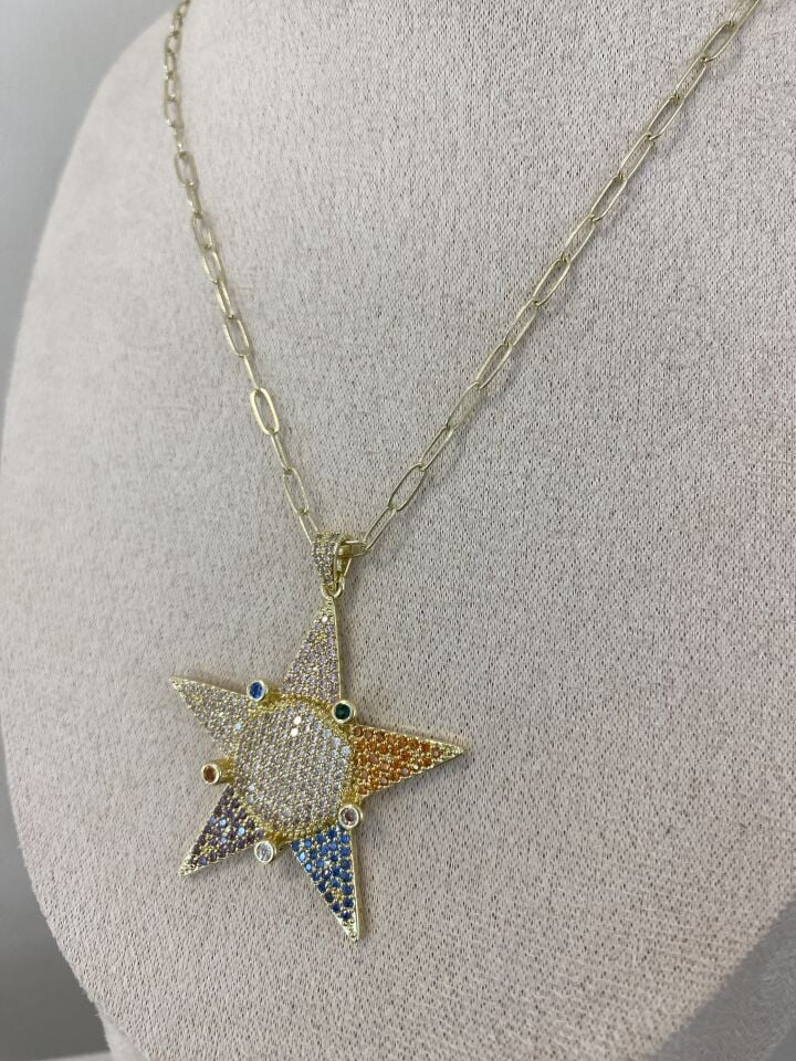 Altın Kaplama Renkli Gömme Taşlı Yıldız Kolye (50cm+5cm ek)
