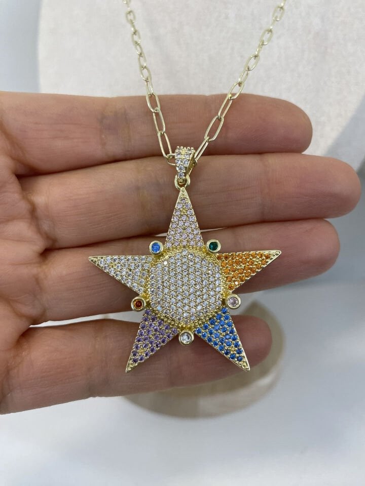 Altın Kaplama Renkli Gömme Taşlı Yıldız Kolye (50cm+5cm ek)