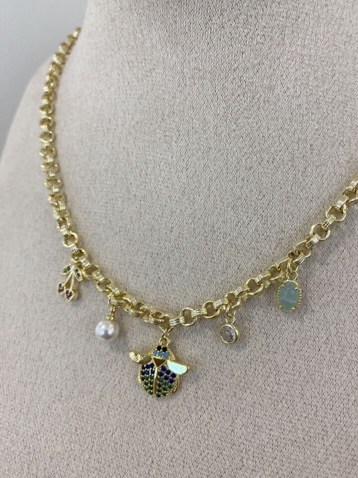 Renkli Uğur Böcek Charmlı Zincir Kolye (45cm+5cm ek)