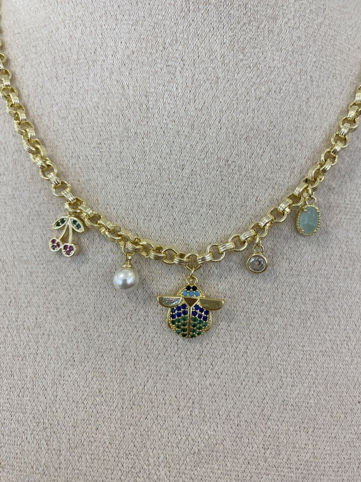 Renkli Uğur Böcek Charmlı Zincir Kolye (45cm+5cm ek)