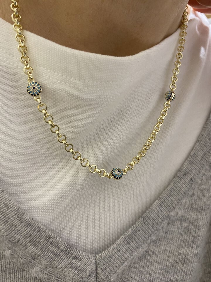 Üçlü Küre Nazar Boncuklu Kolye (45cm+5cm ek)