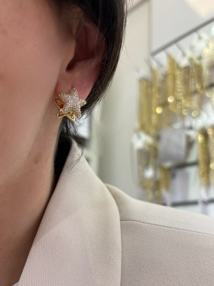 Bombeli Gömme Taşlı Yıldız Halka Küpe