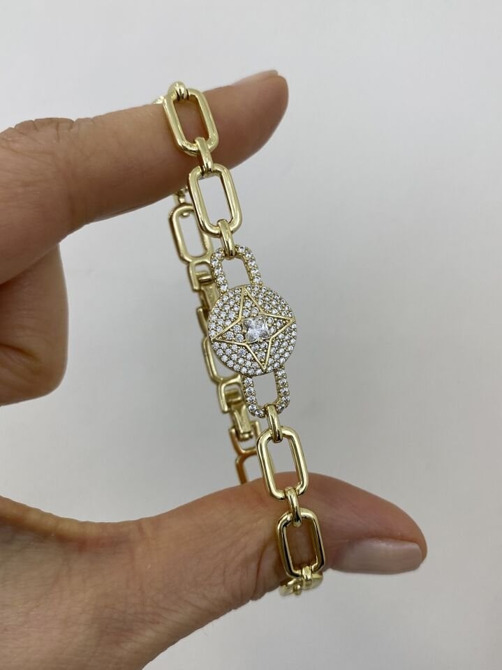 Tek Taş Detaylı Yıldız Zincir Bileklik (17cm+ek)