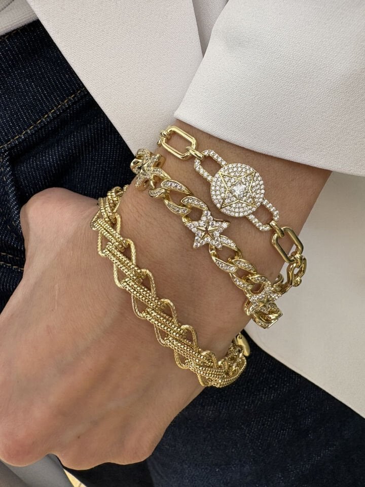 Tek Taş Detaylı Yıldız Zincir Bileklik (17cm+ek)