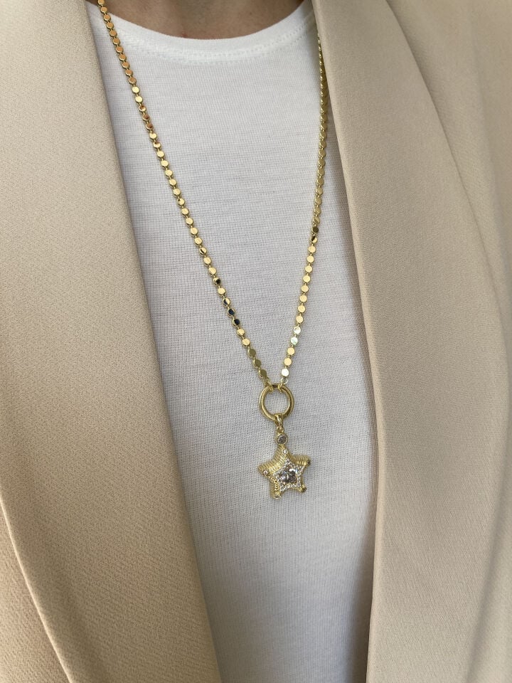 Tek Taşlı Yıldız Detaylı Ezme Zincir Kolye (65cm+5cm ek)