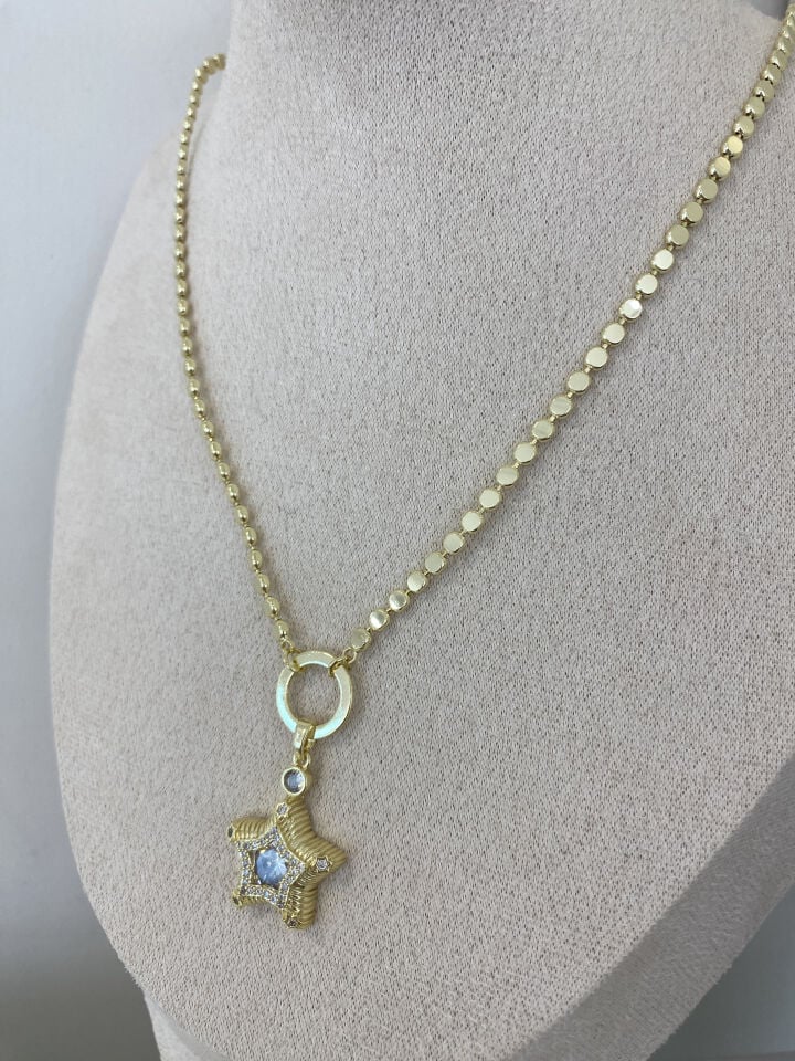 Tek Taşlı Yıldız Detaylı Ezme Zincir Kolye (65cm+5cm ek)