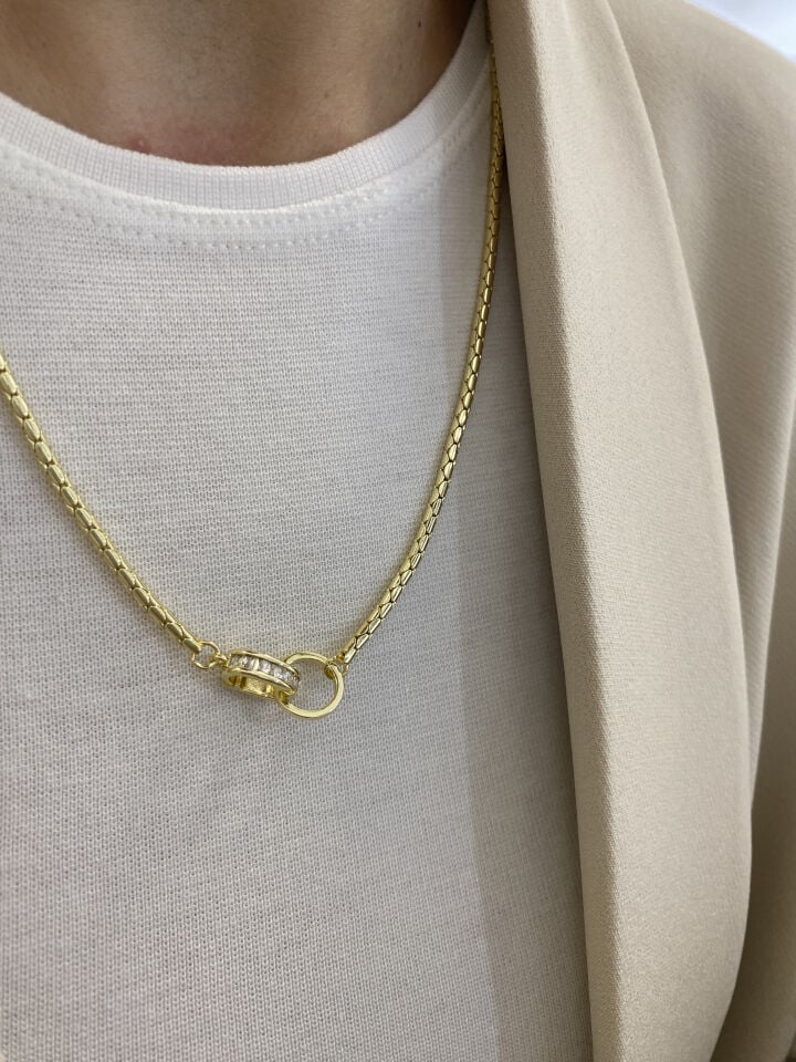 Taşlı Klik Kilit Detaylı Yılan Zincir Kolye (50cm)