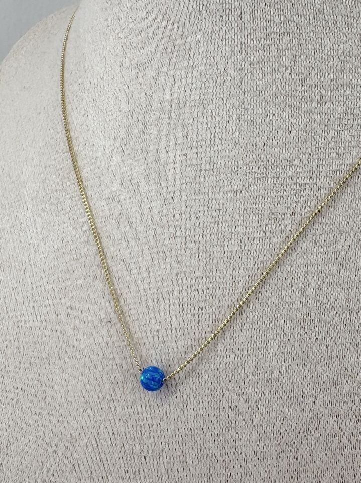 ''Özel Seri'' Opal Taşlı Minimal Küre Kolye Koyu Mavi (45cm)