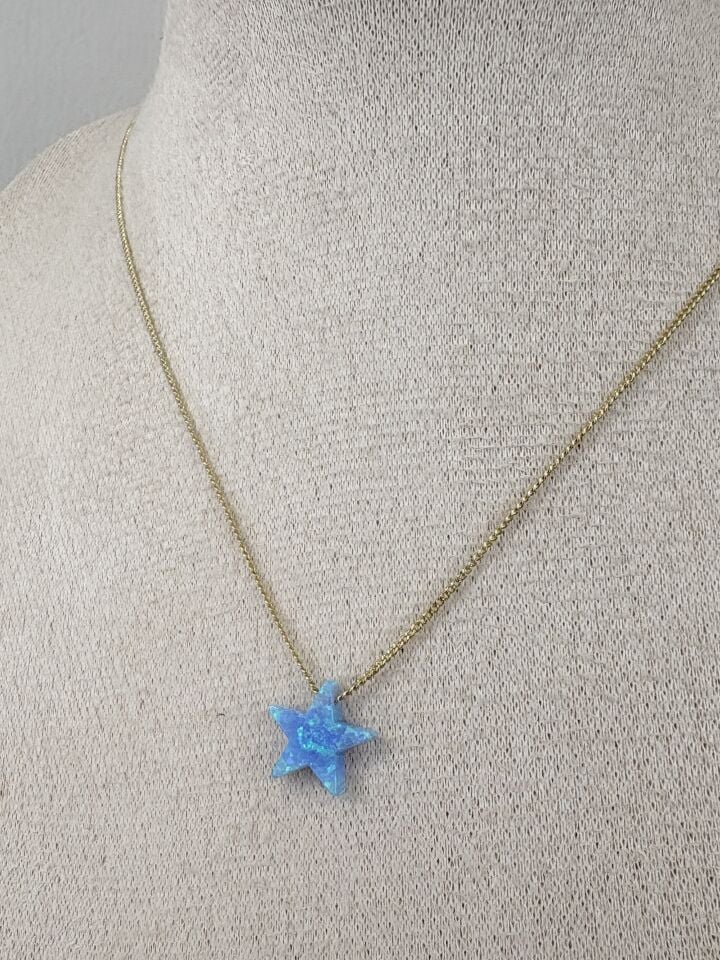 ''Özel Seri'' Opal Taşlı Minimal Yıldız Kolye Açık Mavi (45cm)