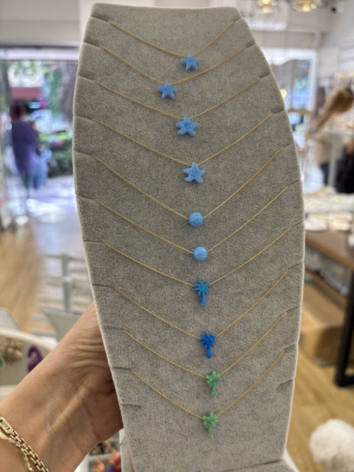 Özel Seri Opal Taşlı Minimal Deniz Yıldızı Kolye Açık Mavi (45cm)