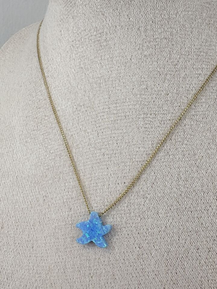 Özel Seri Opal Taşlı Minimal Deniz Yıldızı Kolye Açık Mavi (45cm)