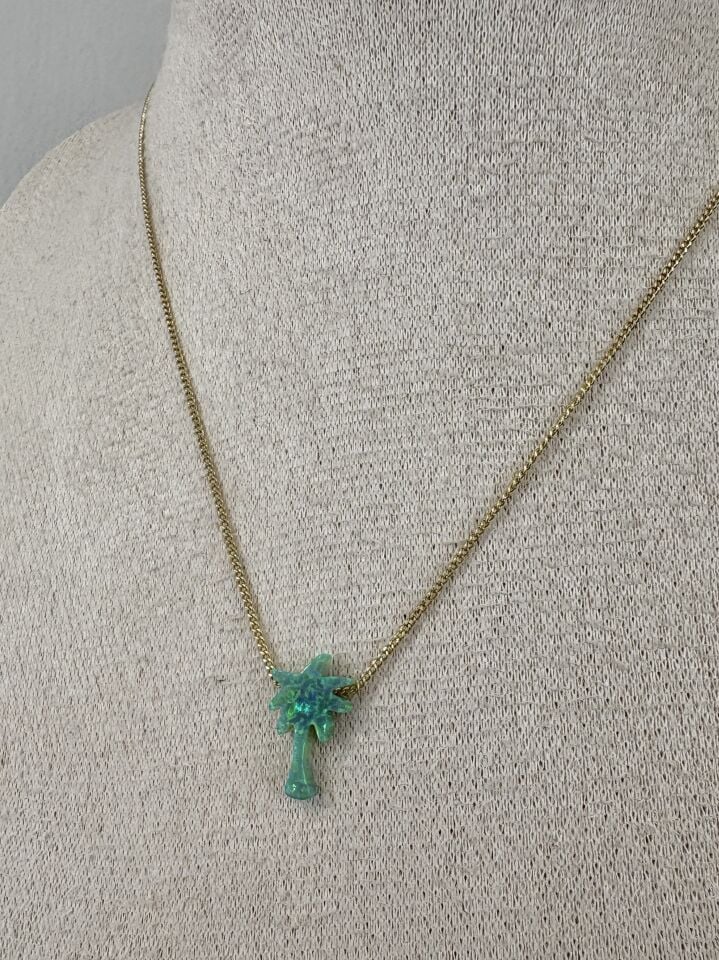 ''Özel Seri'' Opal Taşlı Minimal Palmiye Kolye Yeşil (45cm)