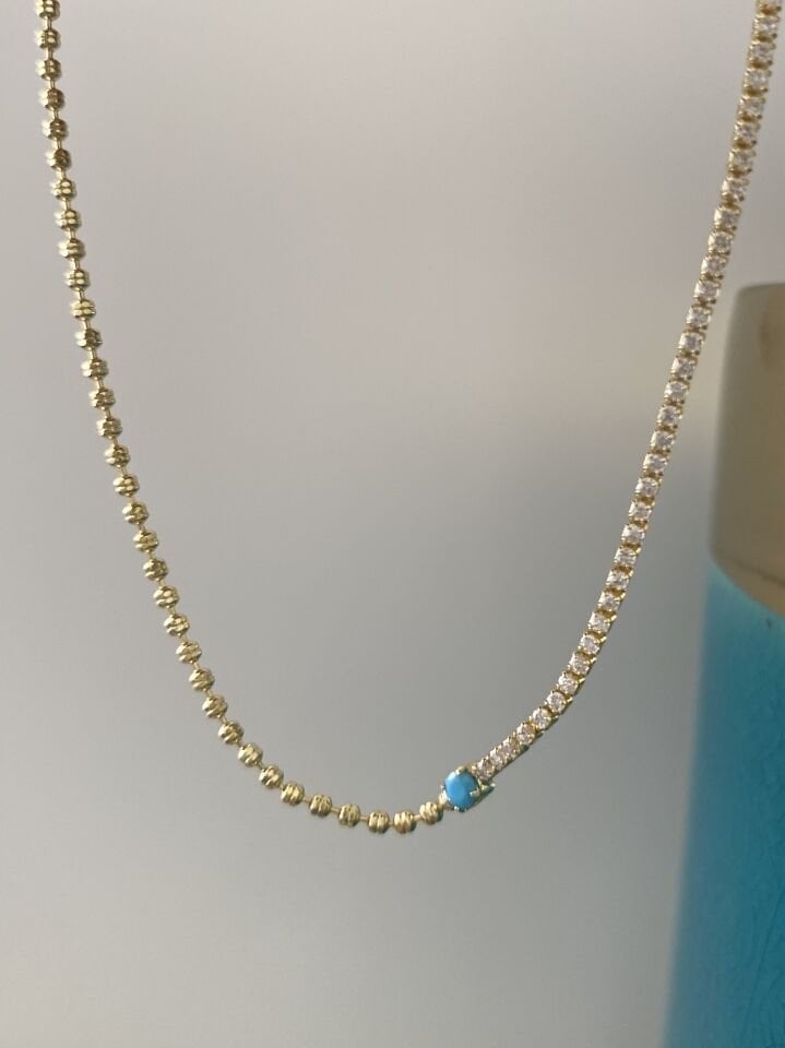 Altın Kaplama Firuze Detaylı Zirkon Taşlı Halhal (24cm+5cm ek)