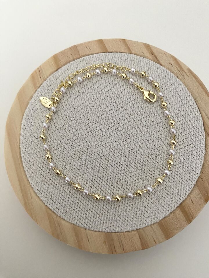 Altın Kaplama İnci Detaylı Topçuklu Halhal (22cm+5cm ek)