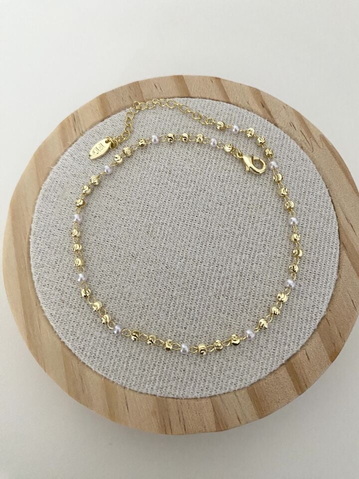 Altın Kaplama İnci Detaylı Lazer Kesim Topçuklu Halhal (22cm+5cm ek)
