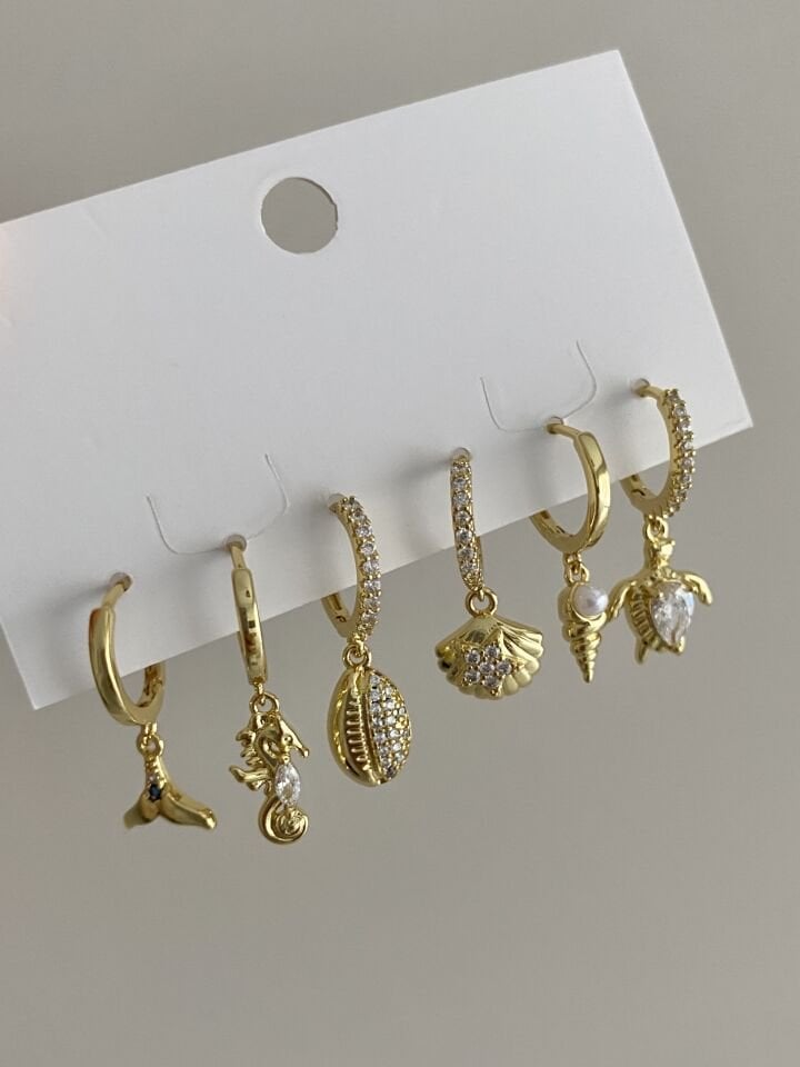 Altın Kaplama Altılı Okyanus Set Küpe