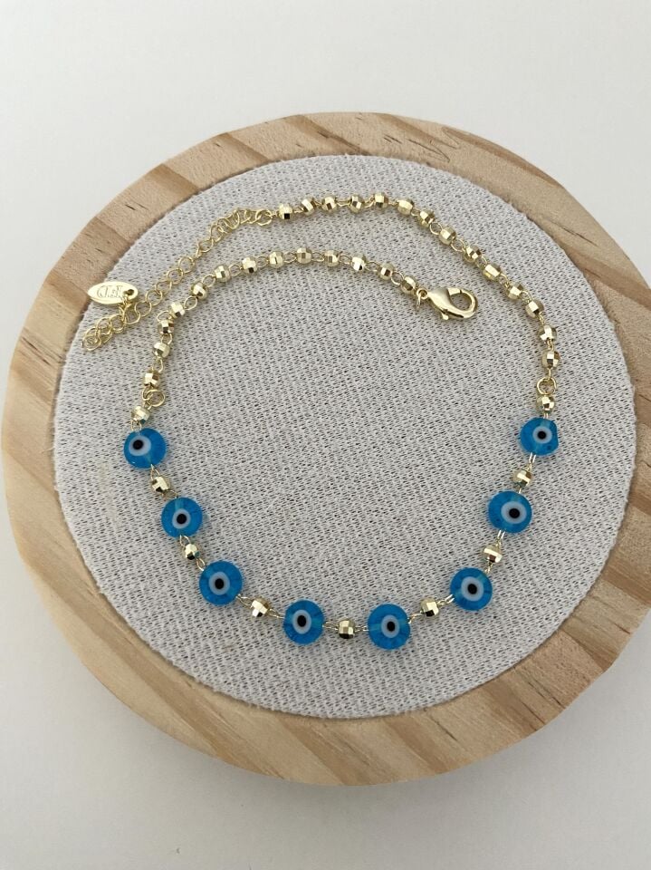 Altın Kaplama Cam Nazar Boncuklu Halhal (24cm+5cm ek)