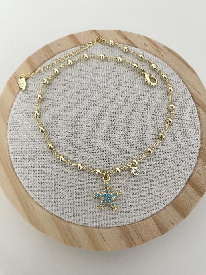 Altın Kaplama Firuze Taşlı Deniz Yıldızı Figürlü Halhal (24cm+5cm ek)